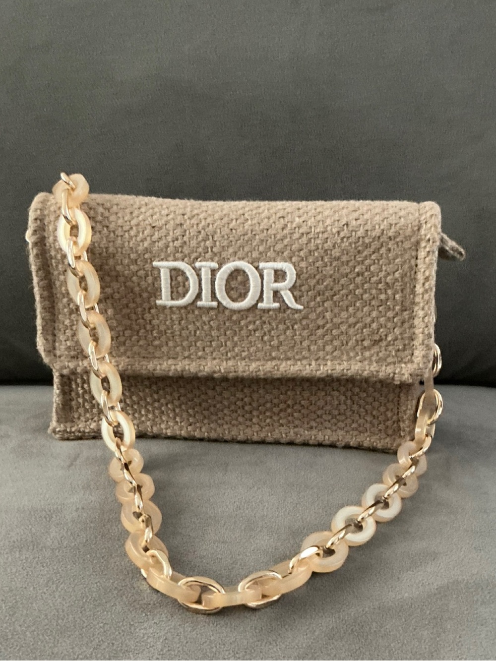 New Dior Taupe Canvas Mini Shoulder Bag with Gold Chain